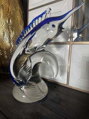 Murano Style Blue and Clear Art Glass Marlin Figurine, 11"